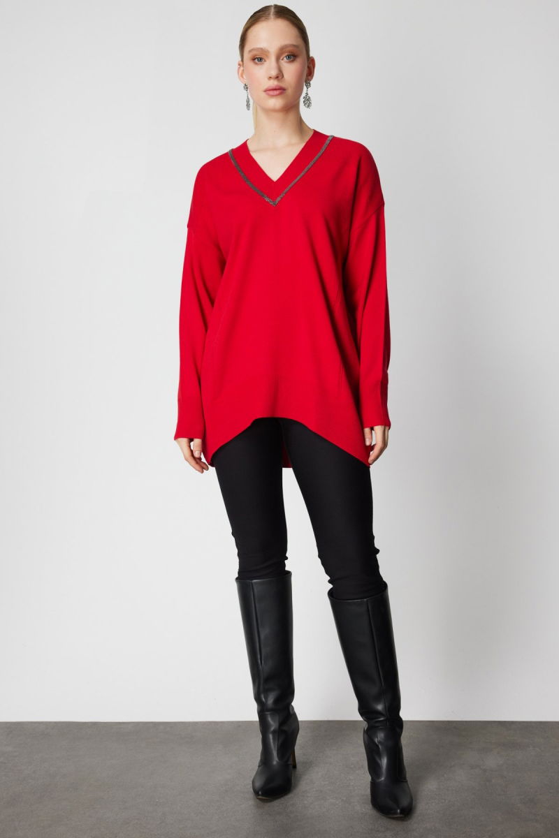 On Kadın V Yaka Taşlı Triko Kazak 65311 Kırmızı - 3