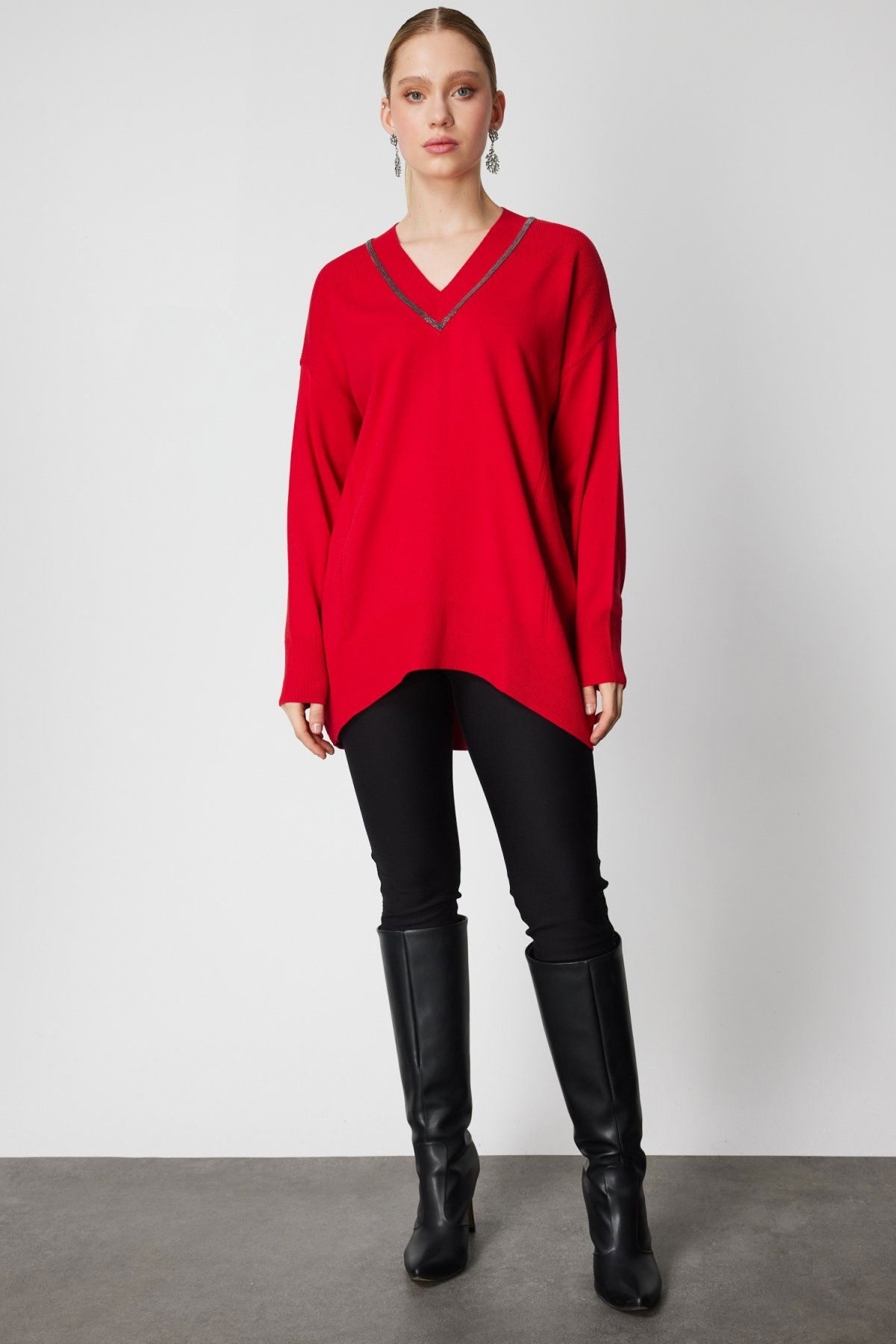 On Kadın V Yaka Taşlı Triko Kazak 65311 Kırmızı - 3