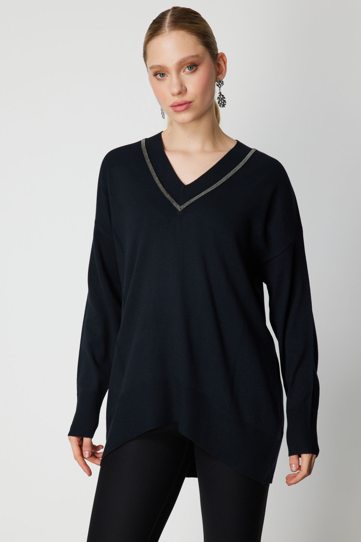 On Kadın V Yaka Taşlı Triko Kazak 65311 Siyah - 2