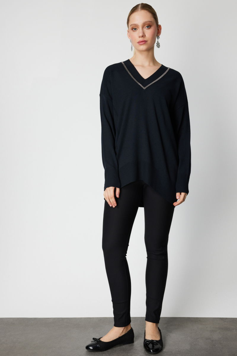 On Kadın V Yaka Taşlı Triko Kazak 65311 Siyah - 3