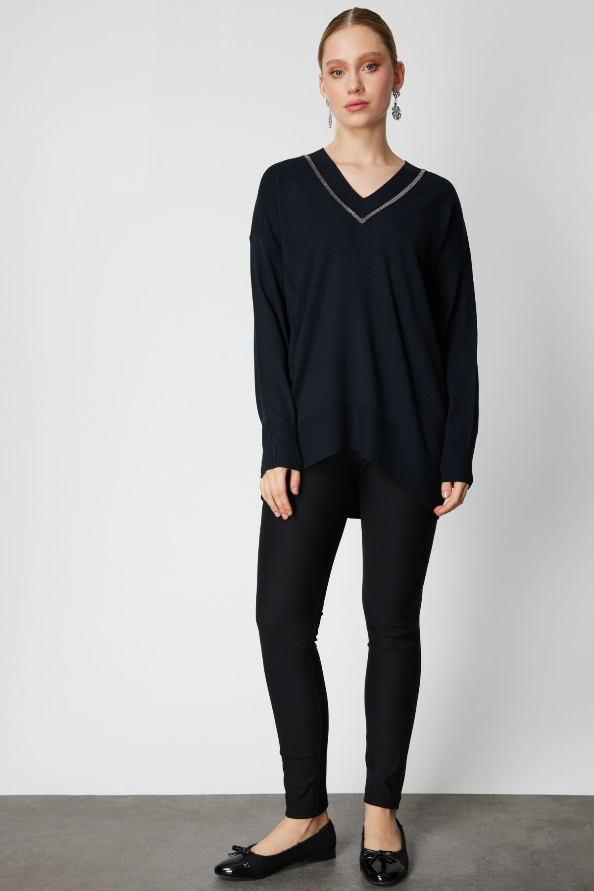 On Kadın V Yaka Taşlı Triko Kazak 65311 Siyah - 3