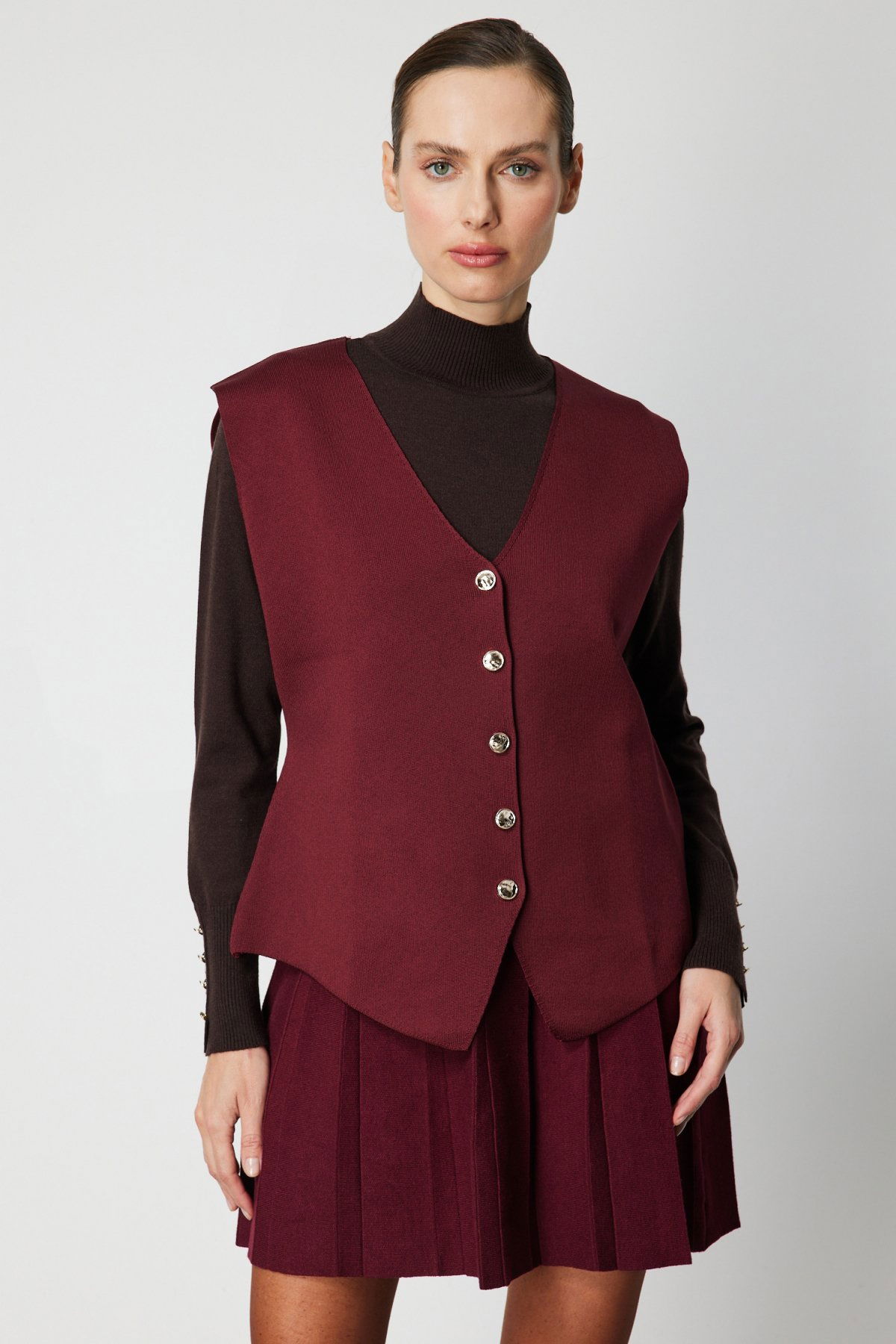 On Kadın V Yaka Triko Yelek 66915 Bordo - 1