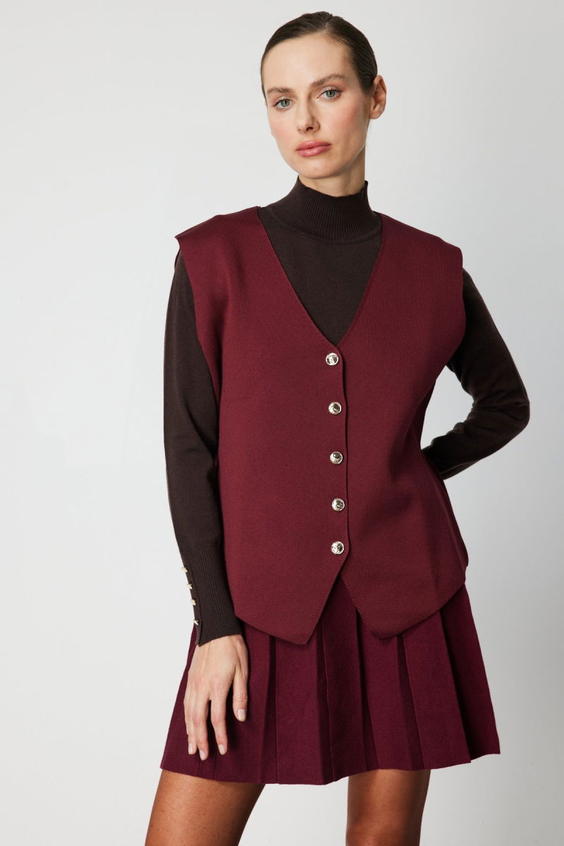 On Kadın V Yaka Triko Yelek 66915 Bordo - 2