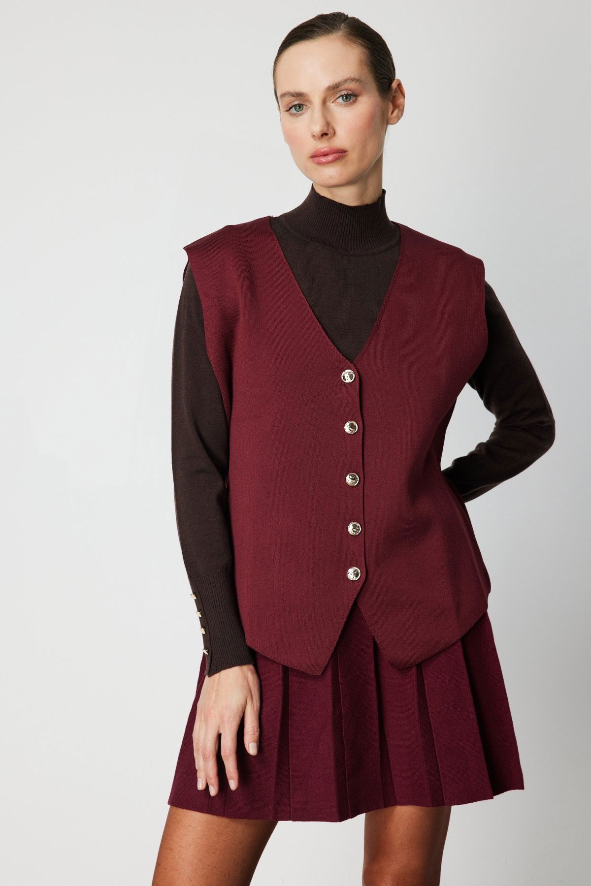 On Kadın V Yaka Triko Yelek 66915 Bordo - 2