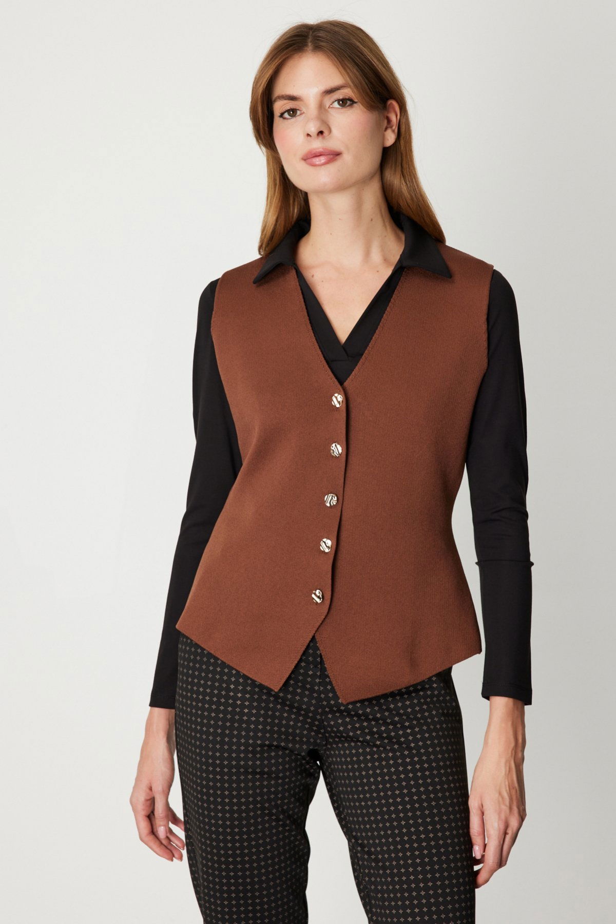 On Kadın V Yaka Triko Yelek 66915 Kahverengi - 1