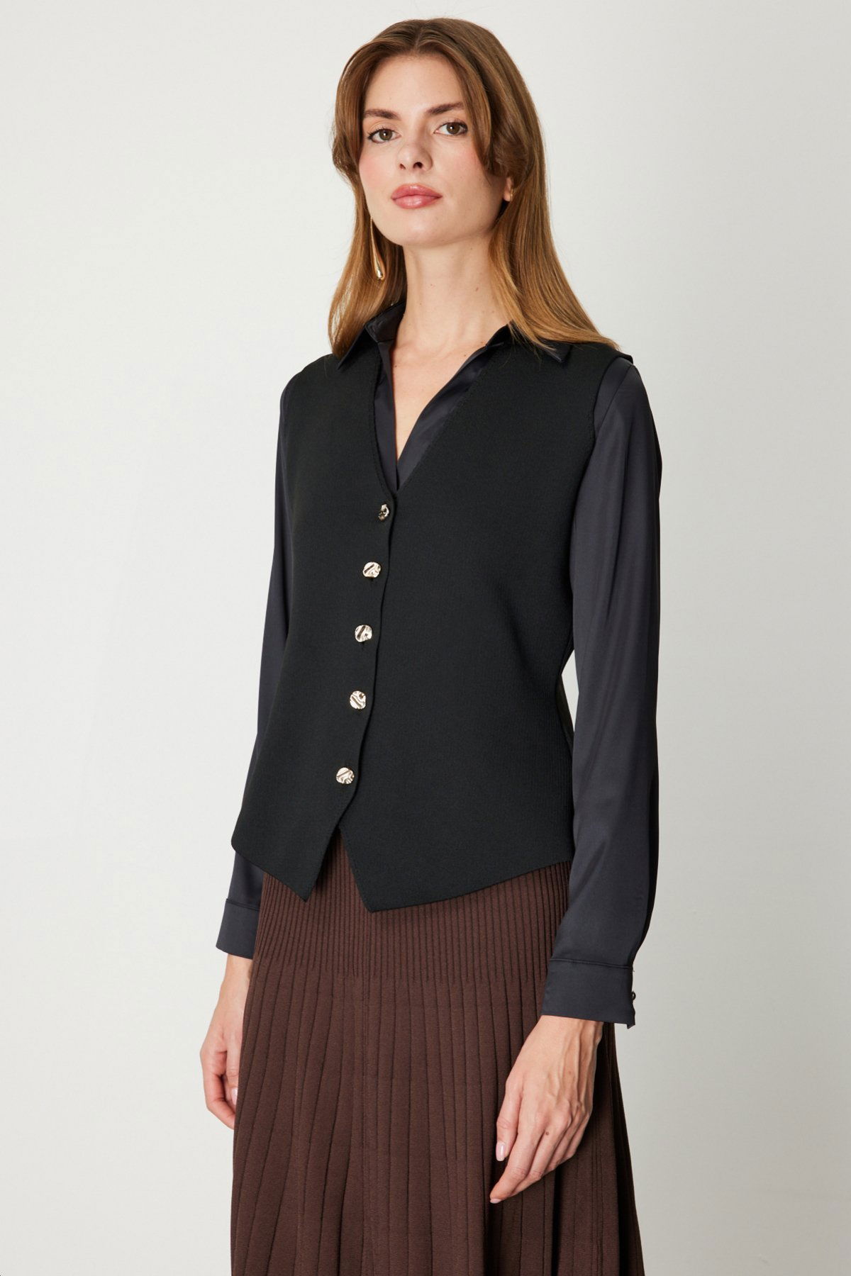 On Kadın V Yaka Triko Yelek 66915 Siyah - 2