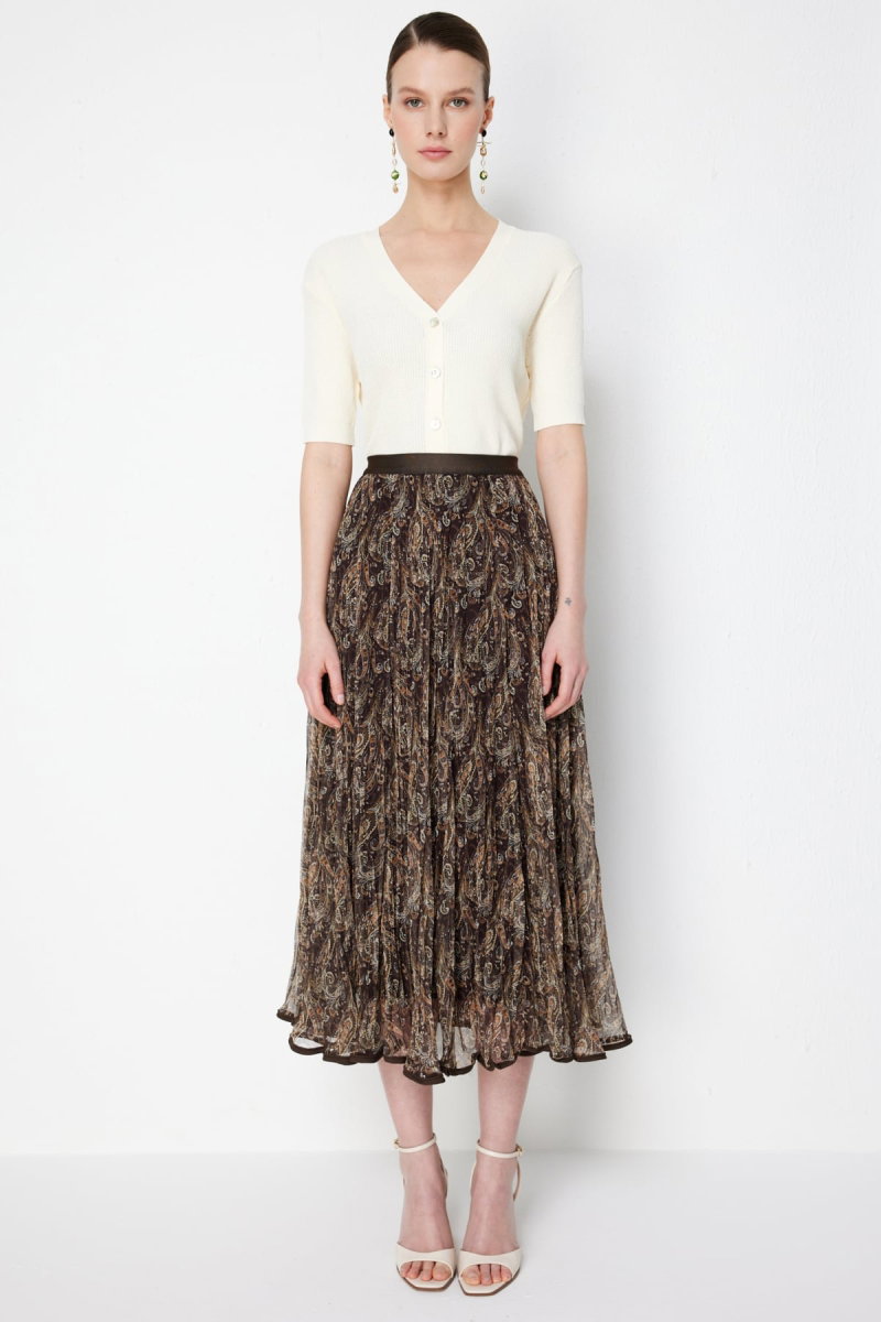 On Kadın Volanlı Desenli Maxi Etek 70204 Kahverengi - On