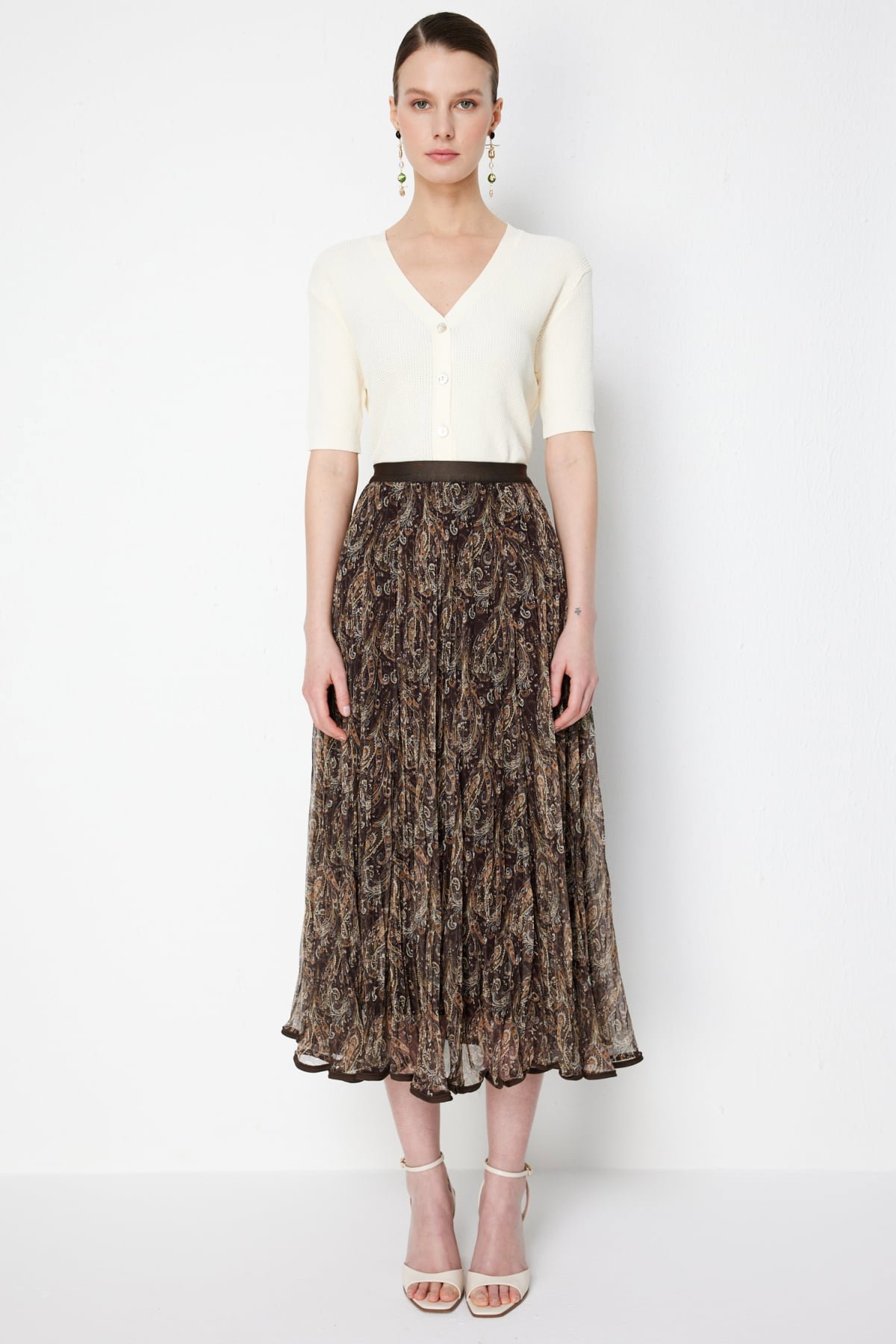 On Kadın Volanlı Desenli Maxi Etek 70204 Kahverengi - 1