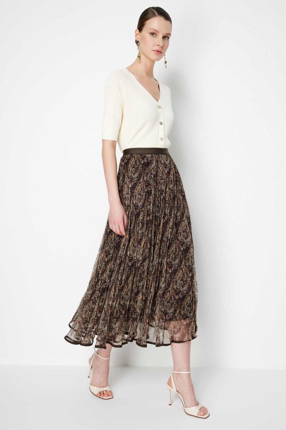 On Kadın Volanlı Desenli Maxi Etek 70204 Kahverengi - 3