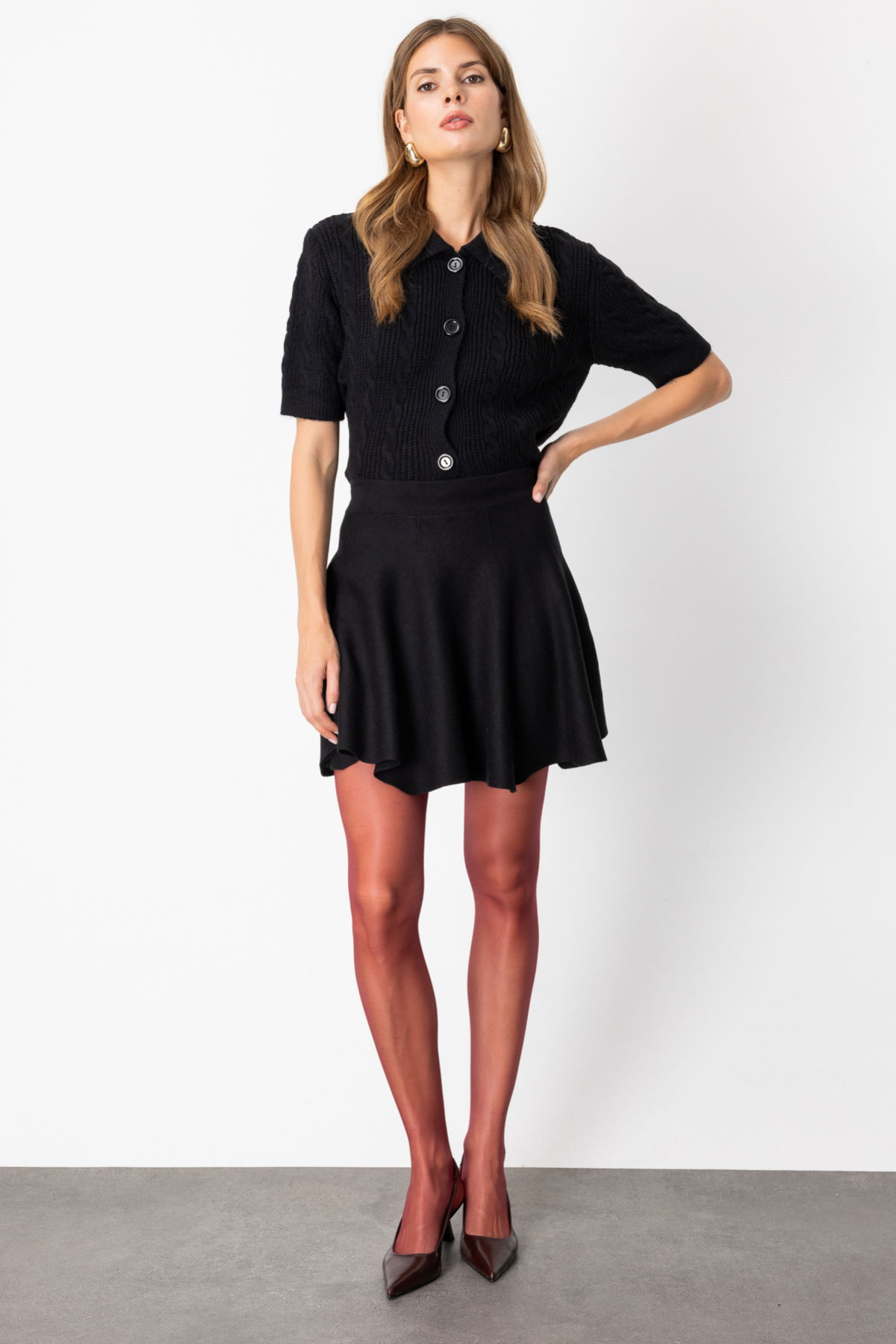 On Kadın Volanlı Mini Triko Etek 60207 Siyah - 2