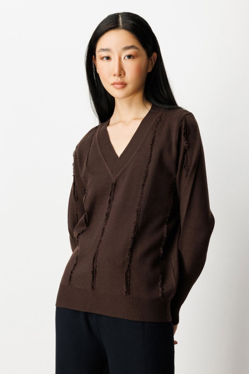 On Kadın Yaka Şerit Kırçıllı Triko Kazak 65321 Kahverengi - On