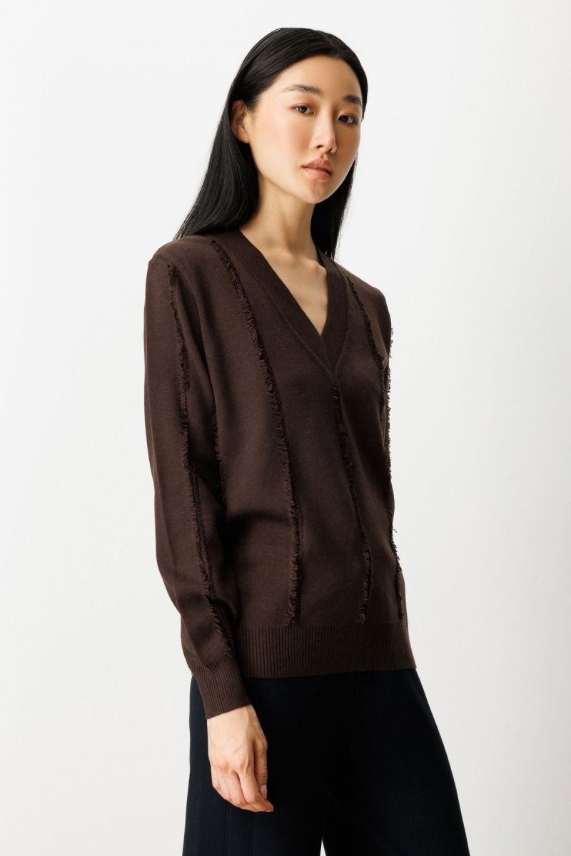 On Kadın Yaka Şerit Kırçıllı Triko Kazak 65321 Kahverengi - 2