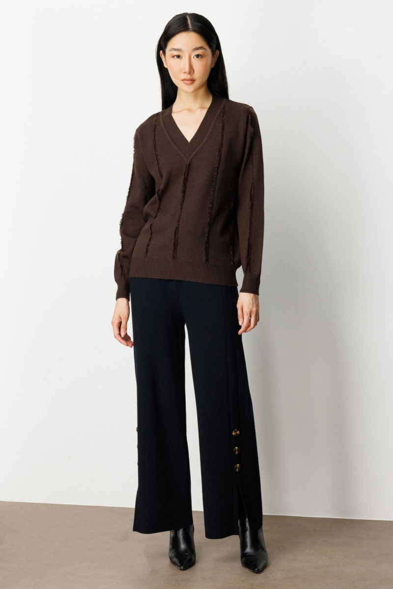 On Kadın Yaka Şerit Kırçıllı Triko Kazak 65321 Kahverengi - 3