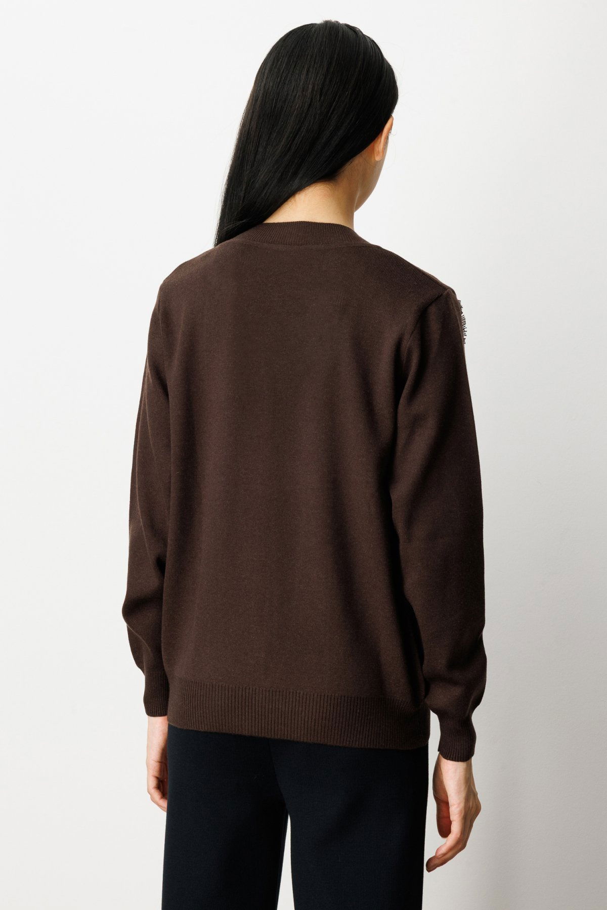 On Kadın Yaka Şerit Kırçıllı Triko Kazak 65321 Kahverengi - 4