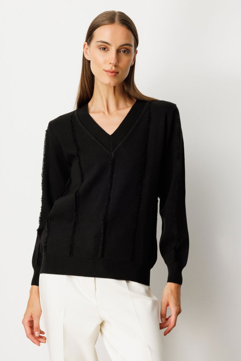 On Kadın Yaka Şerit Kırçıllı Triko Kazak 65321 Siyah - On