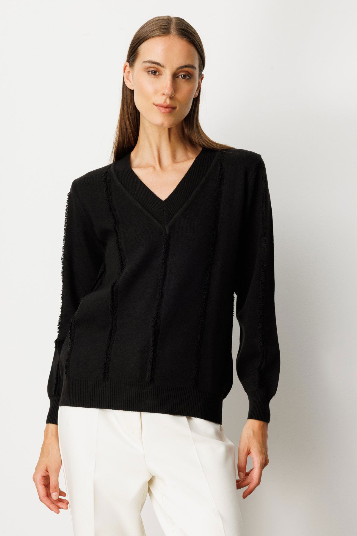 On Kadın Yaka Şerit Kırçıllı Triko Kazak 65321 Siyah - 1