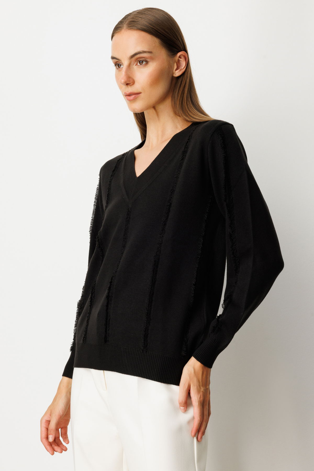 On Kadın Yaka Şerit Kırçıllı Triko Kazak 65321 Siyah - 2