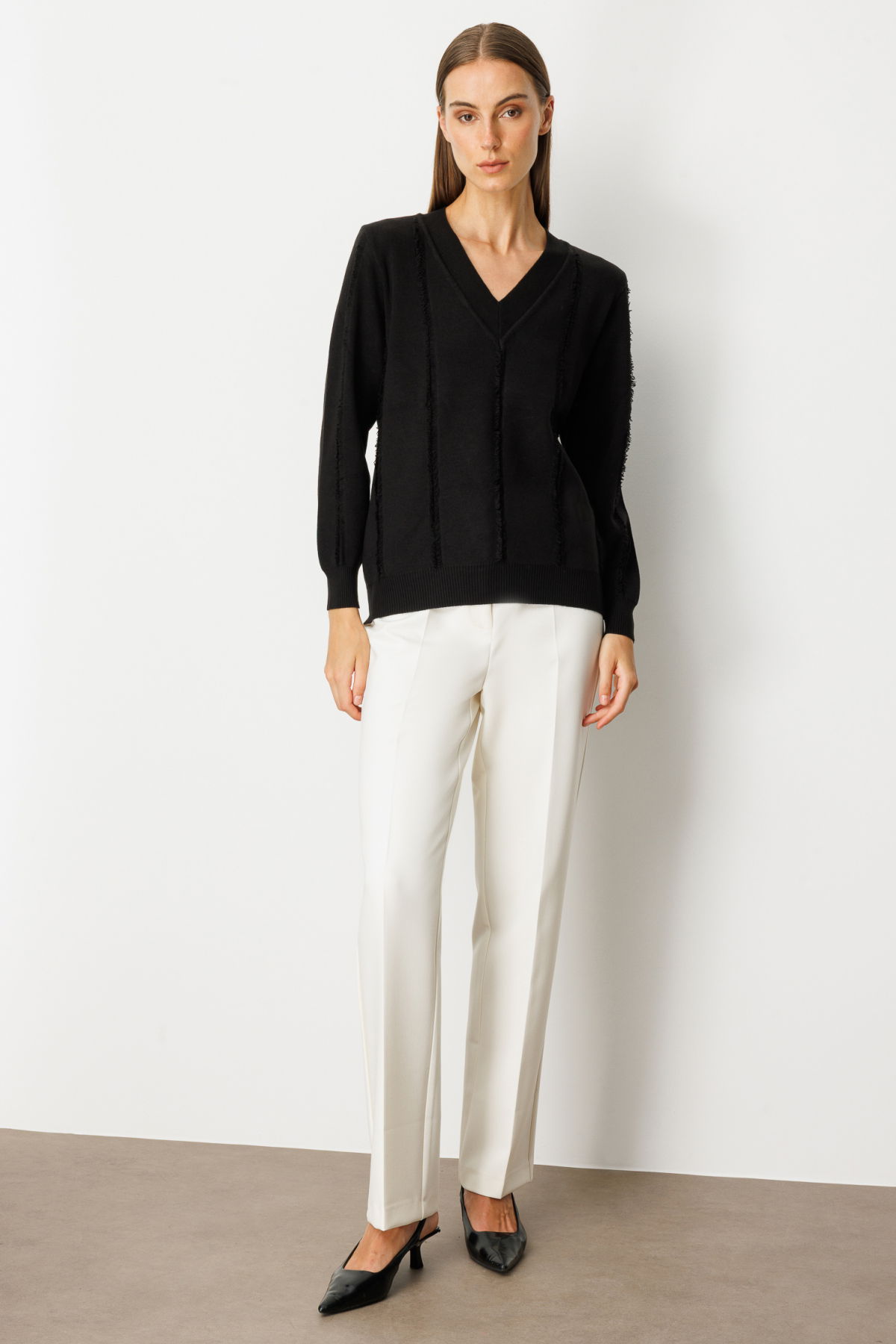 On Kadın Yaka Şerit Kırçıllı Triko Kazak 65321 Siyah - 3