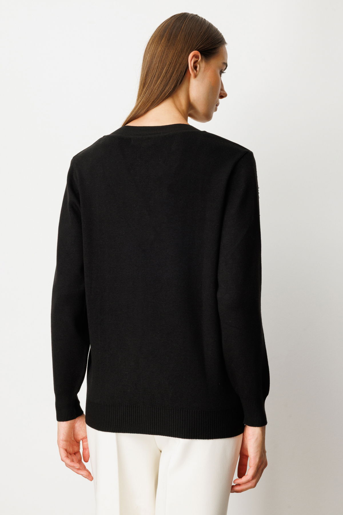 On Kadın Yaka Şerit Kırçıllı Triko Kazak 65321 Siyah - 4