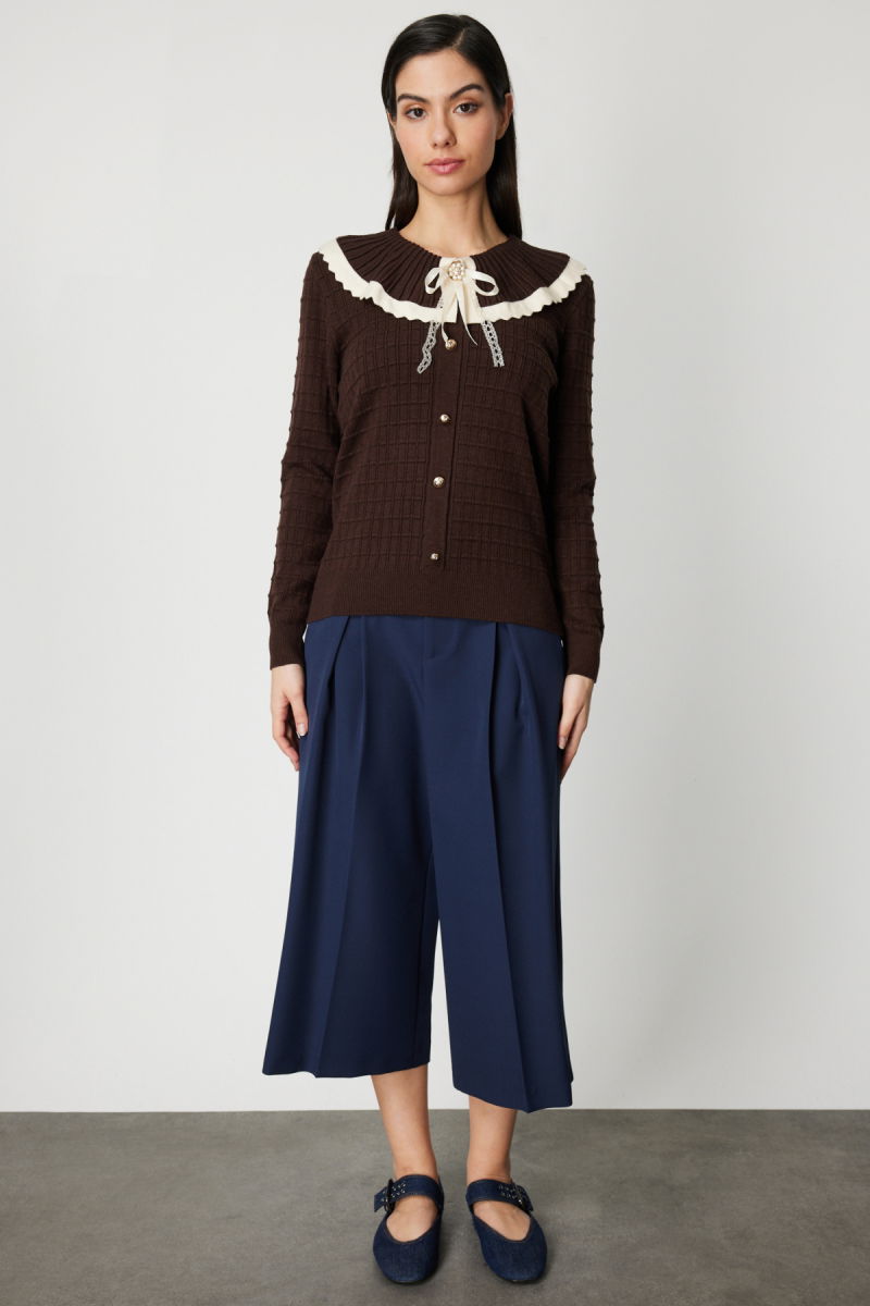 On Kadın Yakası Aksesuarlı Düğmeli Triko Kazak 66351 Kahve-Krem - 3