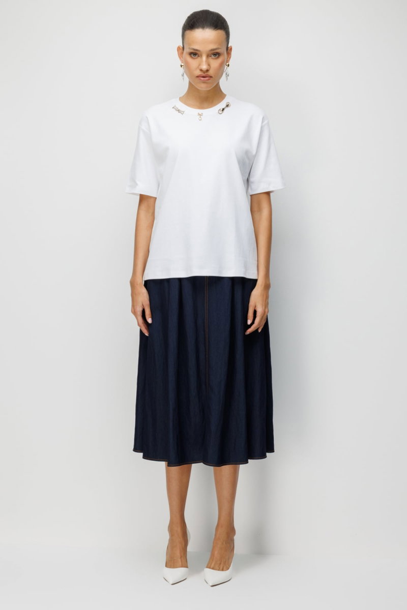 On Kadın Yakası Aksesuarlı Sıfır Yaka Pamuklu T-Shirt 71454 Beyaz - 3