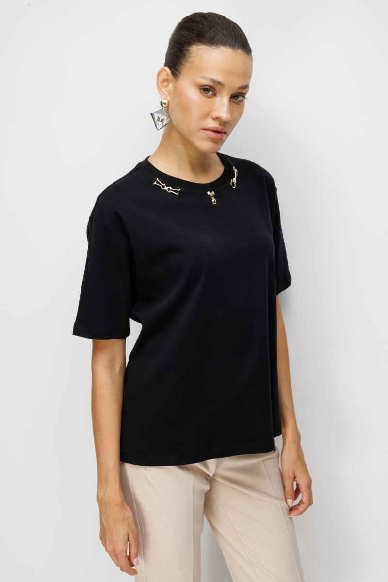 On Kadın Yakası Aksesuarlı Sıfır Yaka Pamuklu T-Shirt 71454 Siyah - 2