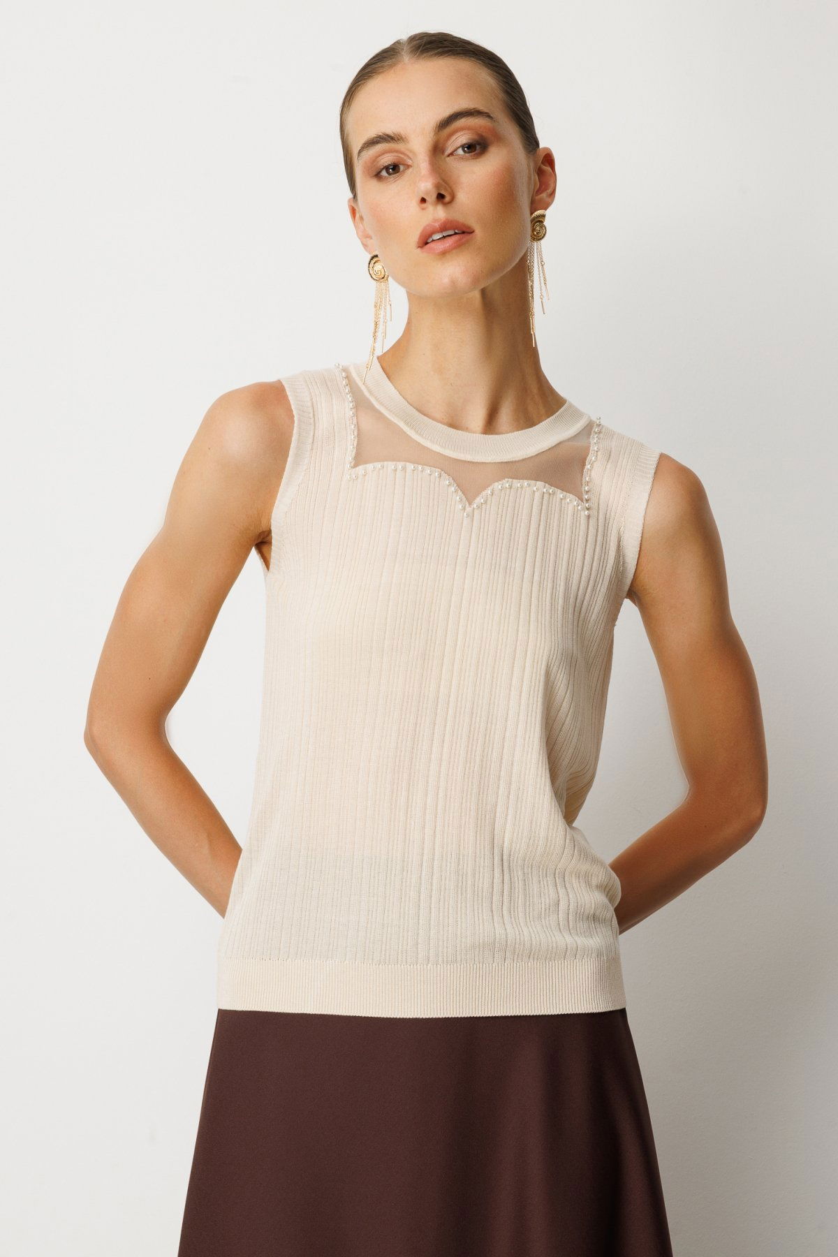 On Kadın Yakası Boncuklu Triko Bluz 60361 Krem - 1