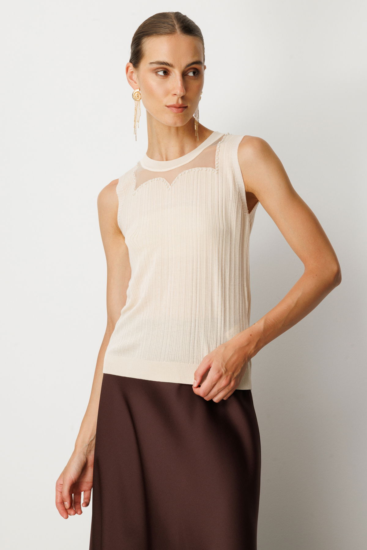 On Kadın Yakası Boncuklu Triko Bluz 60361 Krem - 2