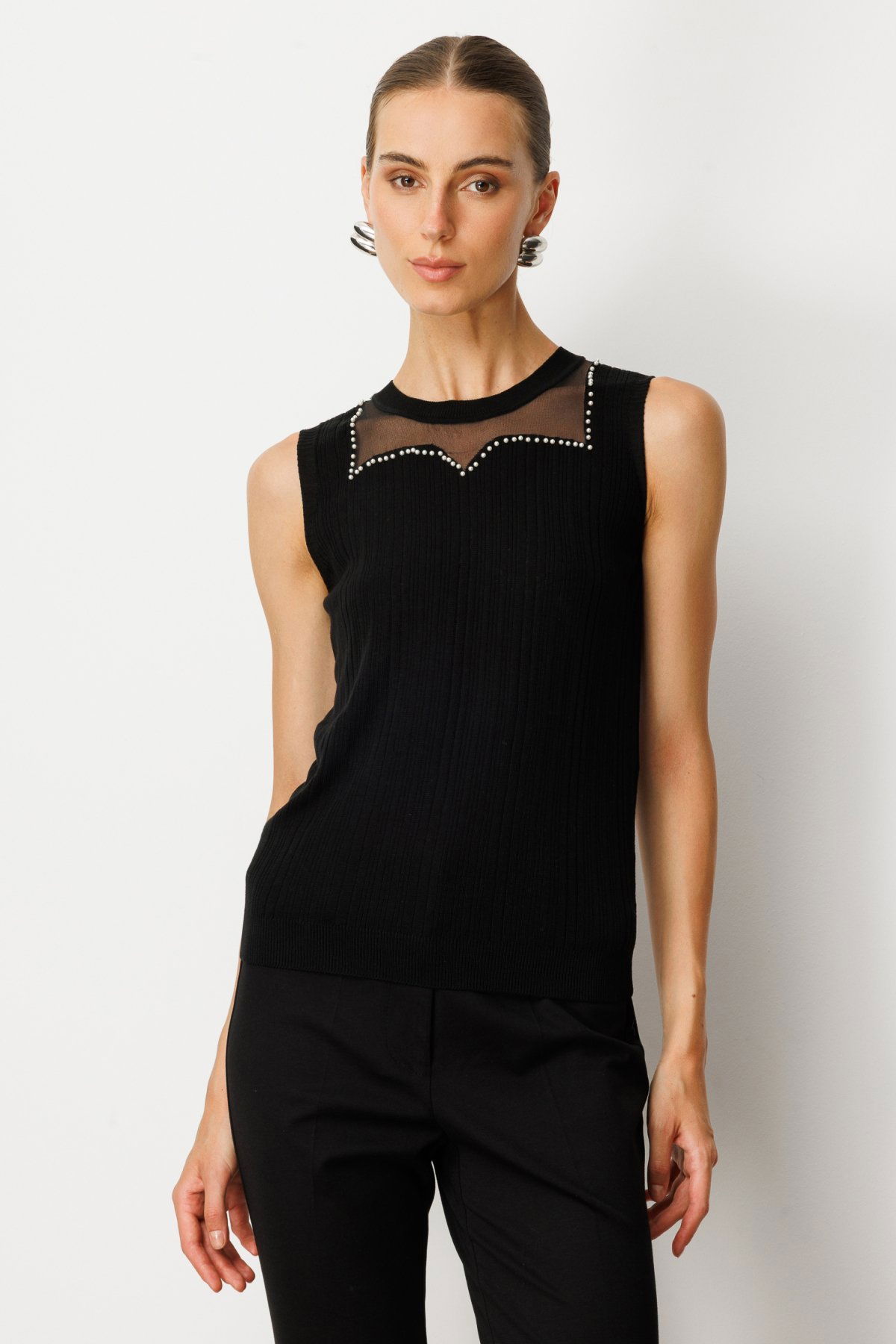 On Kadın Yakası Boncuklu Triko Bluz 60361 Siyah - 1