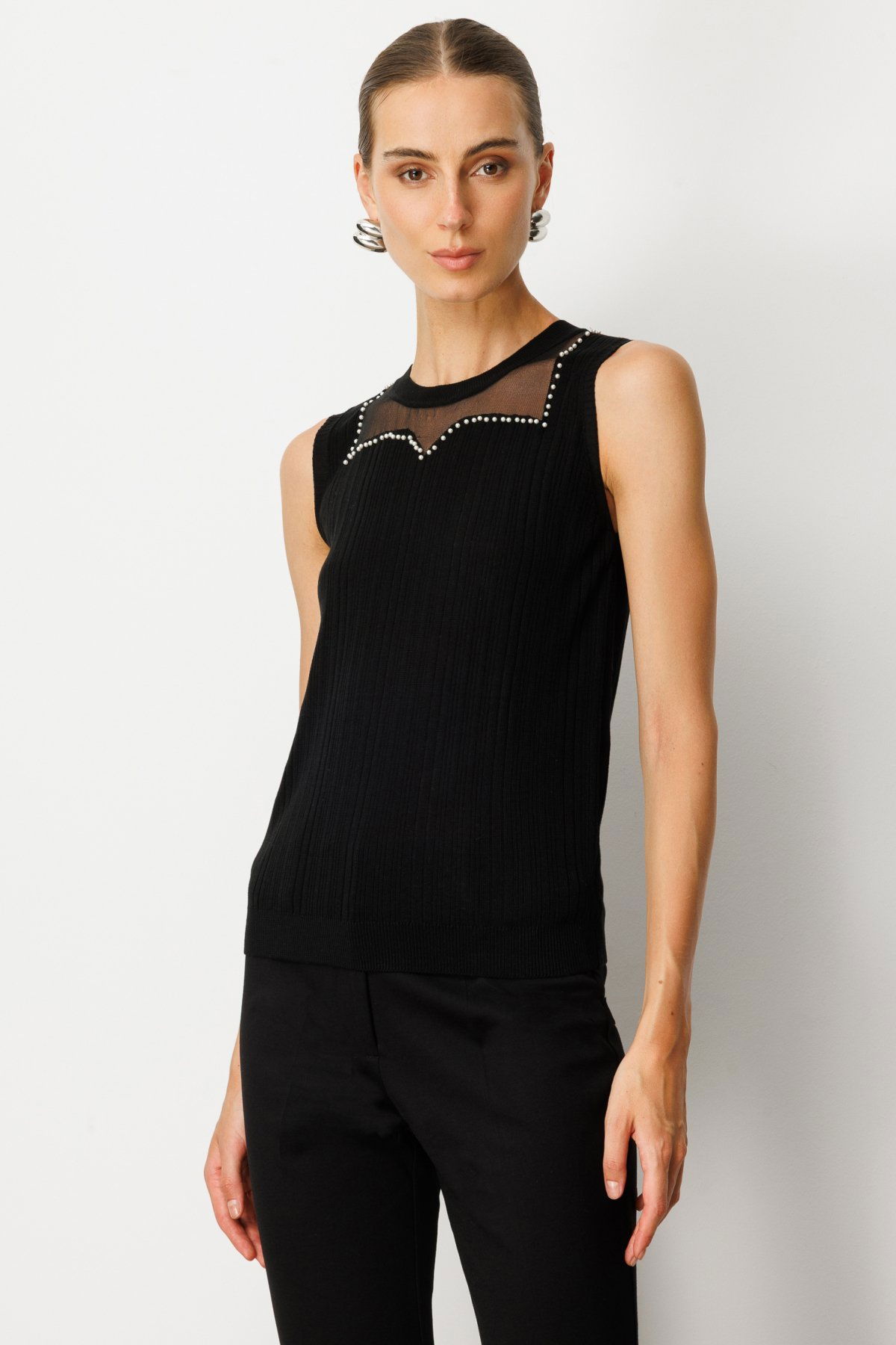 On Kadın Yakası Boncuklu Triko Bluz 60361 Siyah - 2