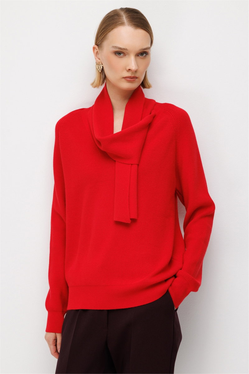 On Kadın Yakası Düğmeli Fular Detaylı Triko Kazak Kırmızı - On