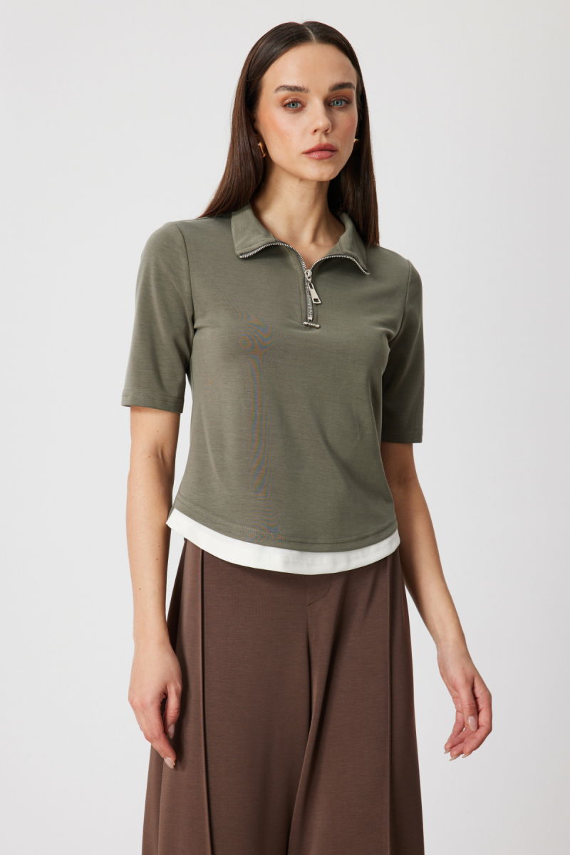 On Kadın Yakası Fermuarlı Kısa Kollu Bluz 76305 Haki - 2