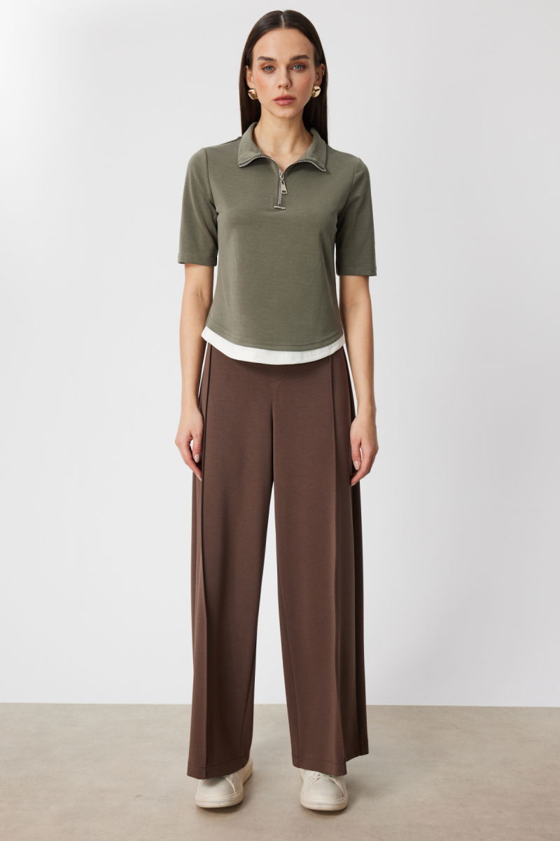 On Kadın Yakası Fermuarlı Kısa Kollu Bluz 76305 Haki - 3