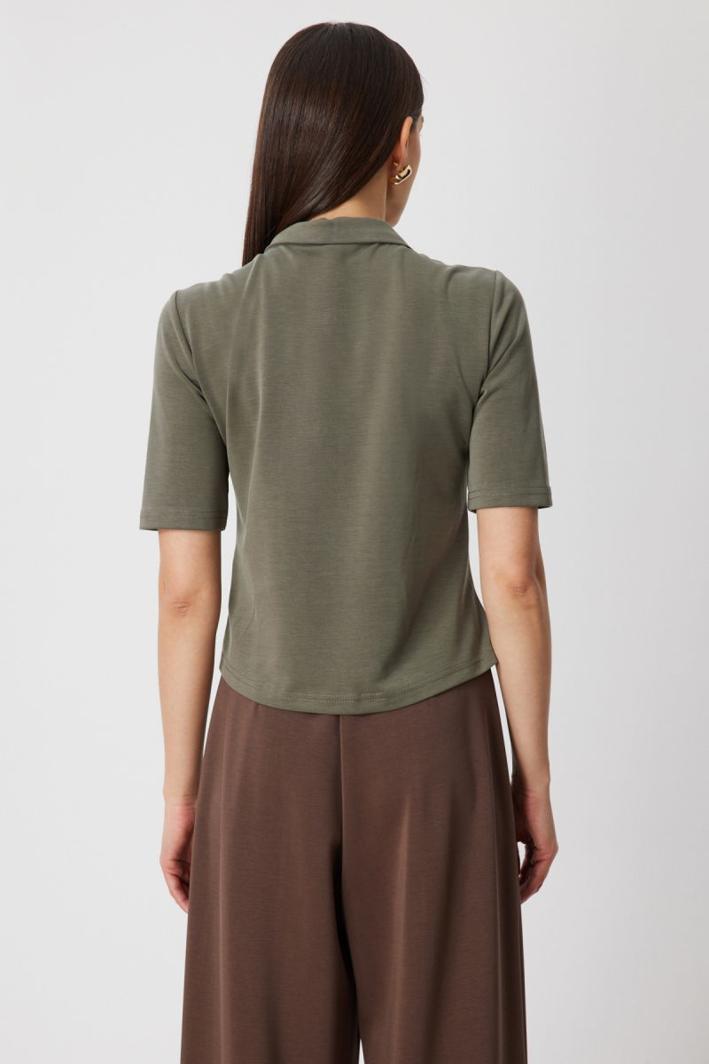 On Kadın Yakası Fermuarlı Kısa Kollu Bluz 76305 Haki - 4