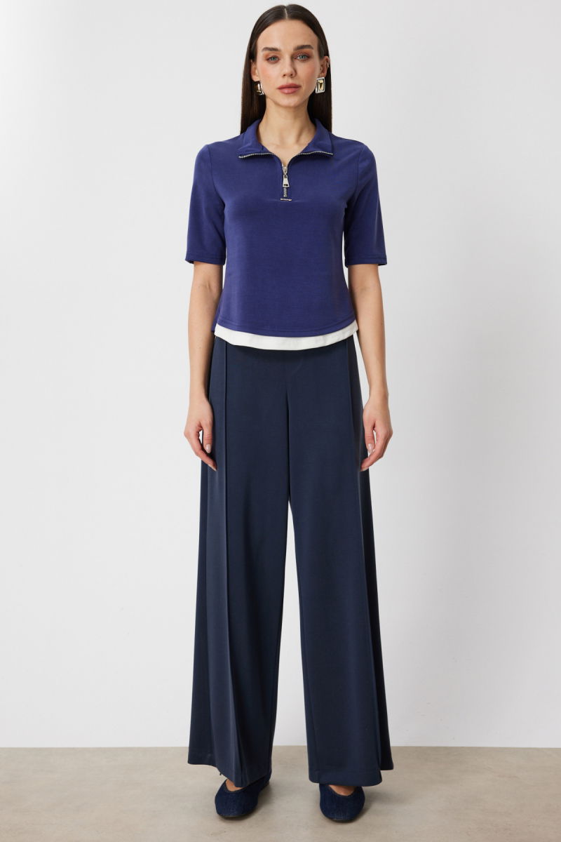 On Kadın Yakası Fermuarlı Kısa Kollu Bluz 76305 Indigo - 3