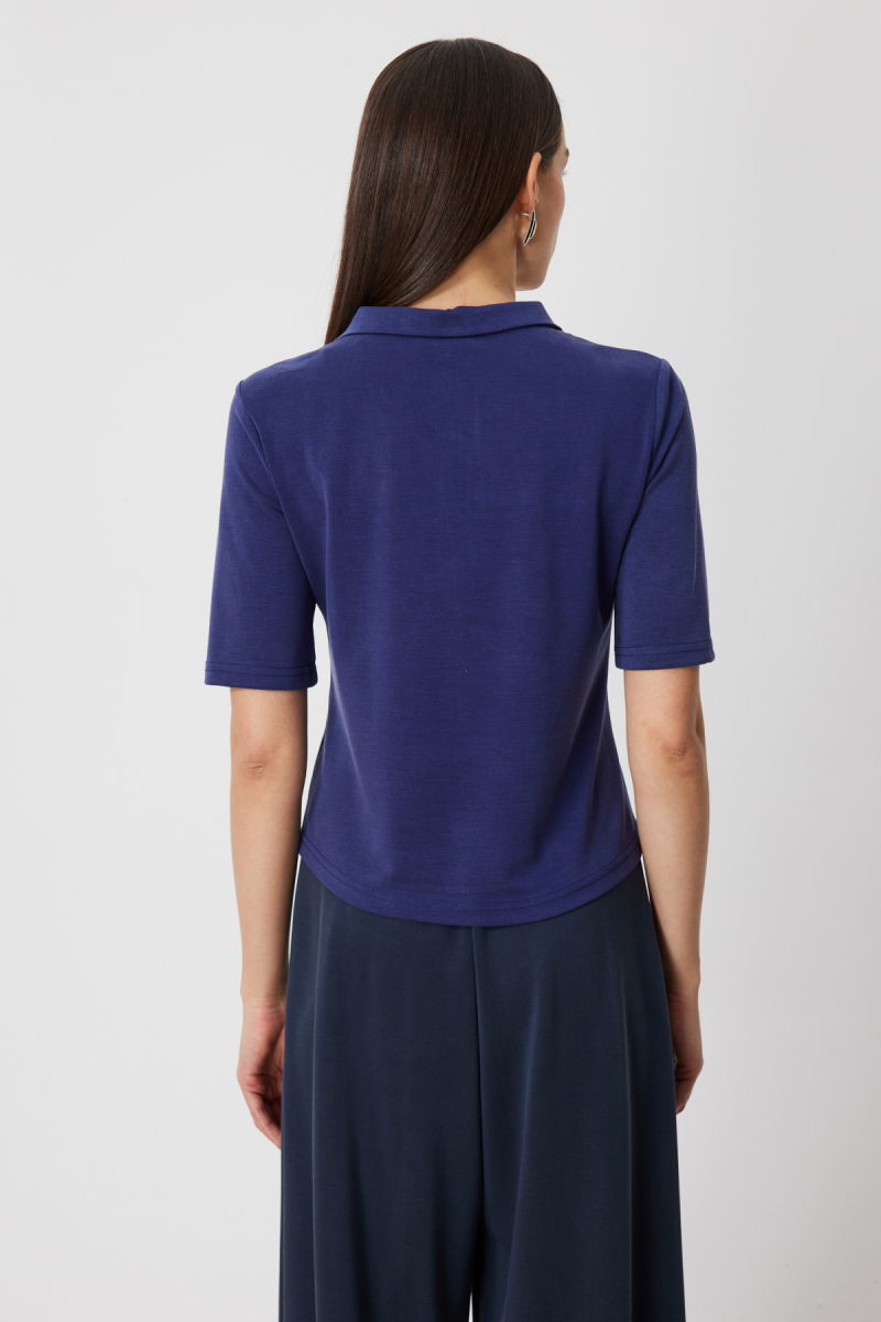 On Kadın Yakası Fermuarlı Kısa Kollu Bluz 76305 Indigo - 4