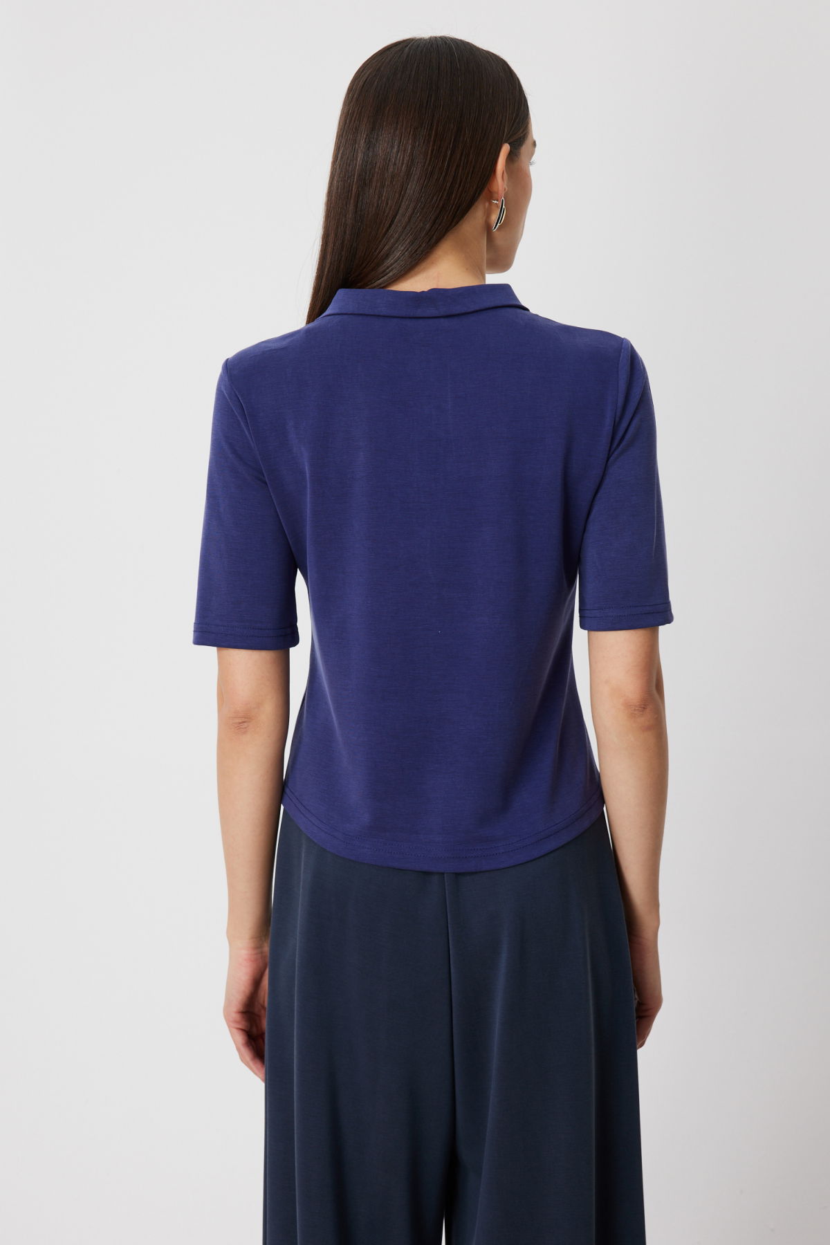 On Kadın Yakası Fermuarlı Kısa Kollu Bluz 76305 Indigo - 4