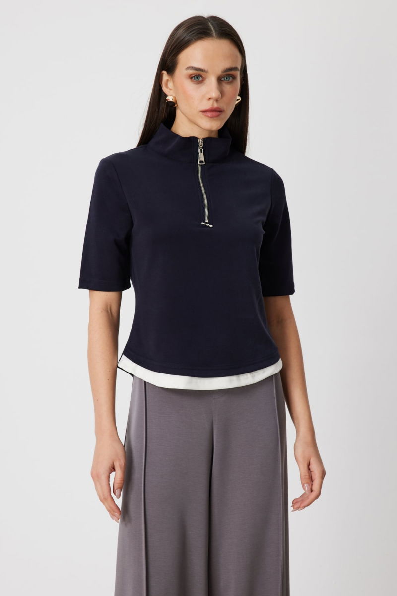 On Kadın Yakası Fermuarlı Kısa Kollu Bluz 76305 Lacivert - On