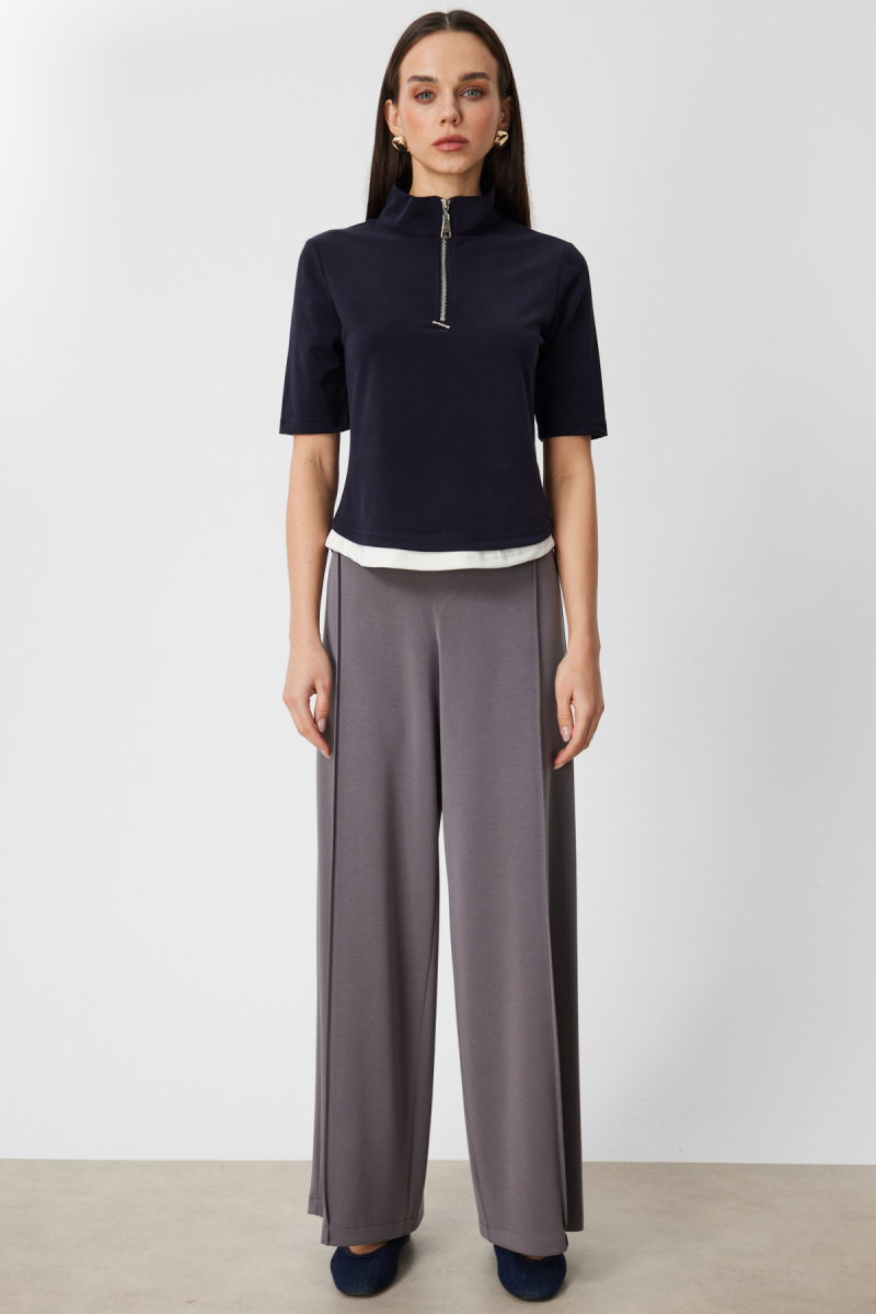 On Kadın Yakası Fermuarlı Kısa Kollu Bluz 76305 Lacivert - 3