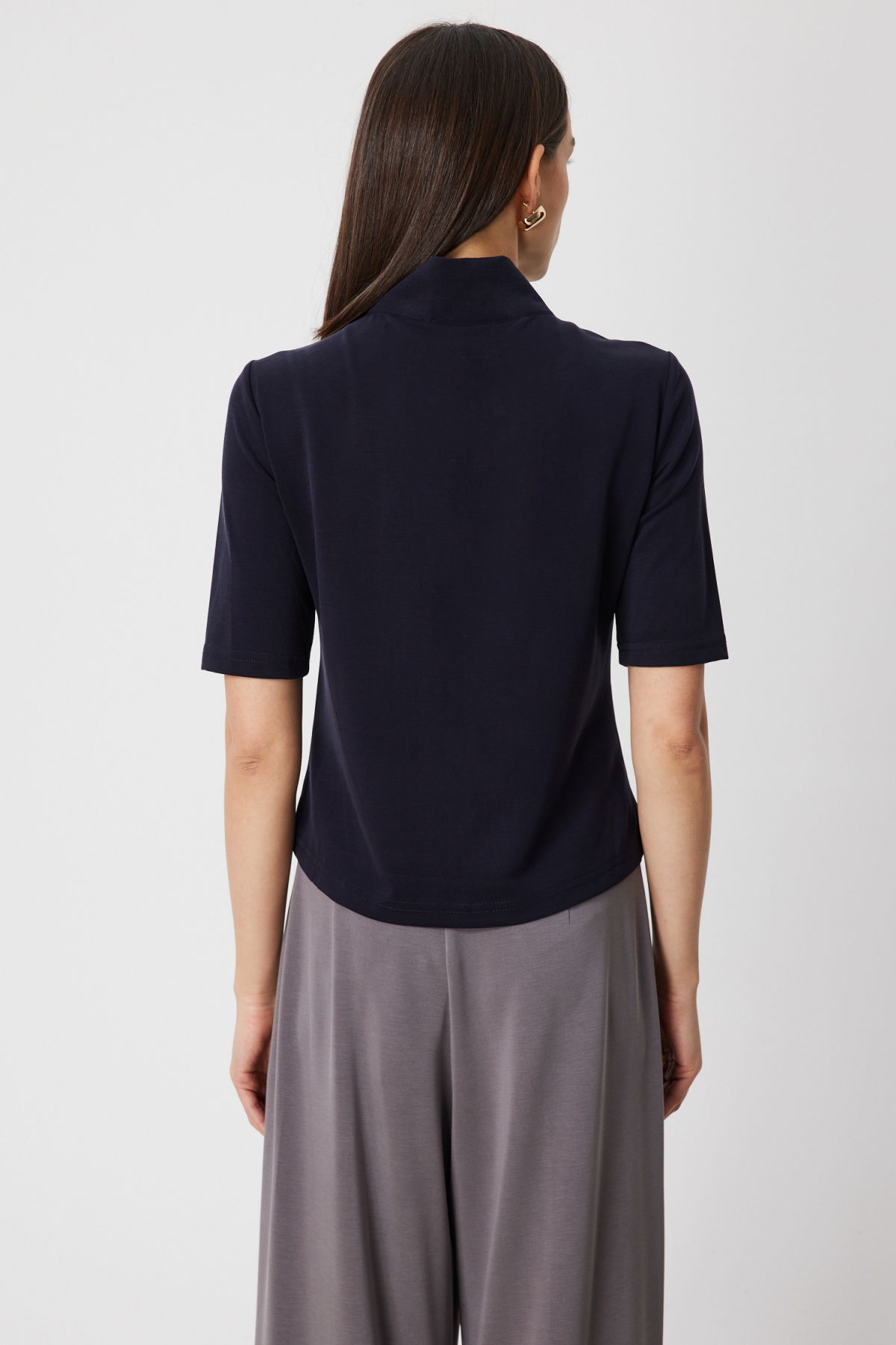 On Kadın Yakası Fermuarlı Kısa Kollu Bluz 76305 Lacivert - 4