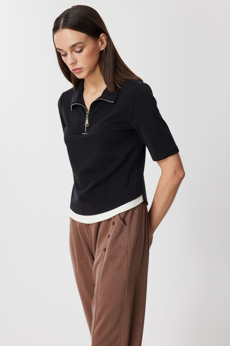 On Kadın Yakası Fermuarlı Kısa Kollu Bluz 76305 Siyah - 2