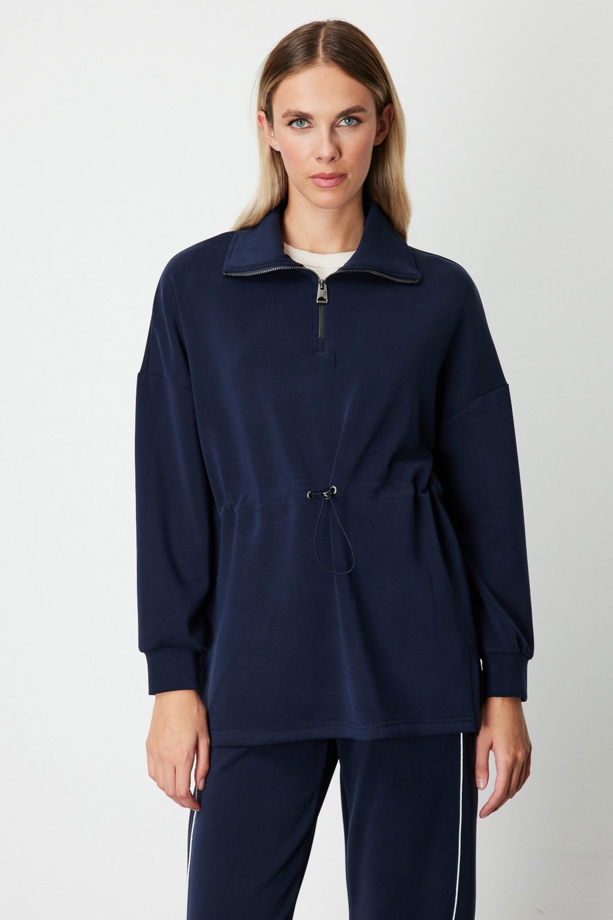 On Kadın Yakası Fermuarlı Sweat 66312 Lacivert - 1