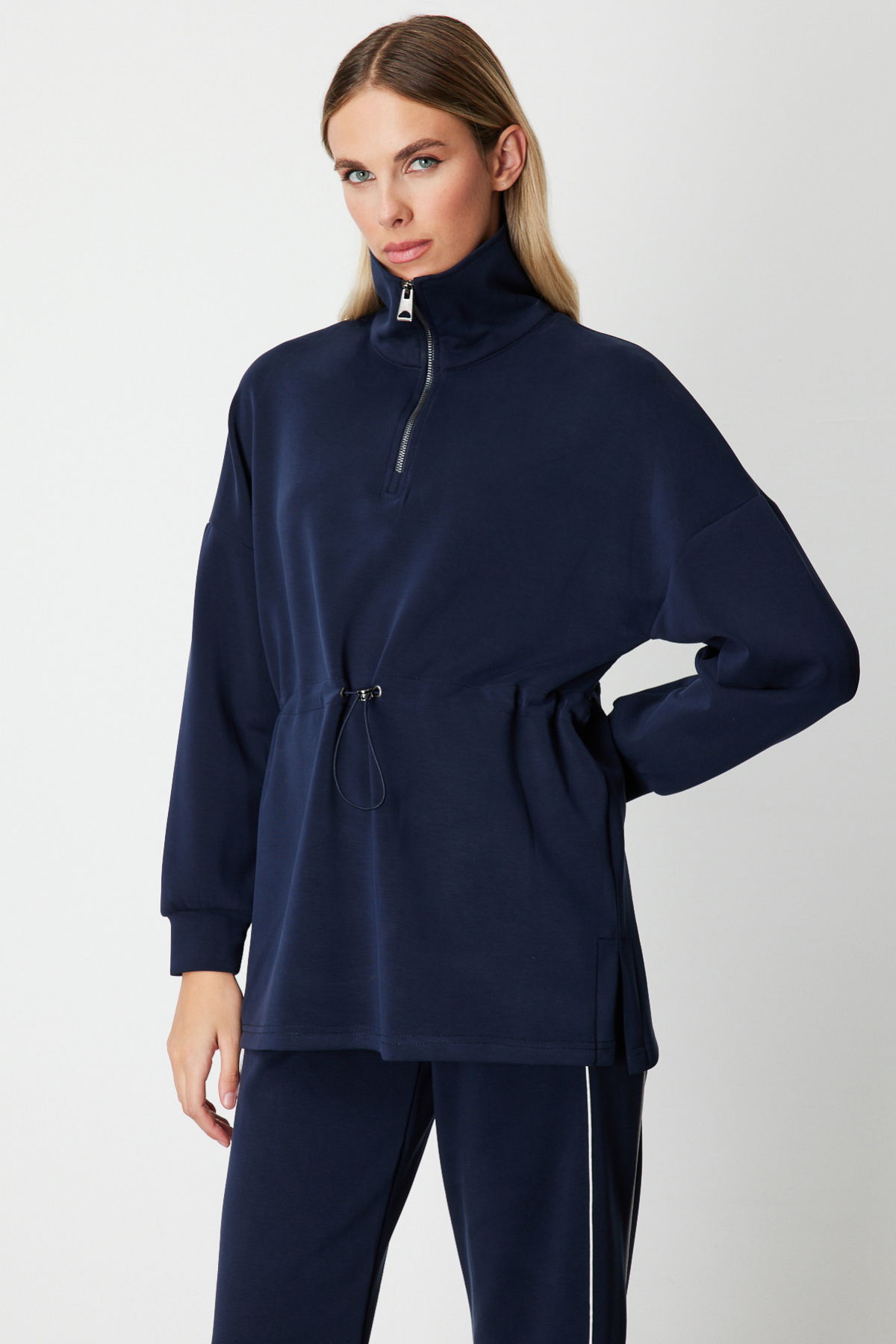 On Kadın Yakası Fermuarlı Sweat 66312 Lacivert - 2