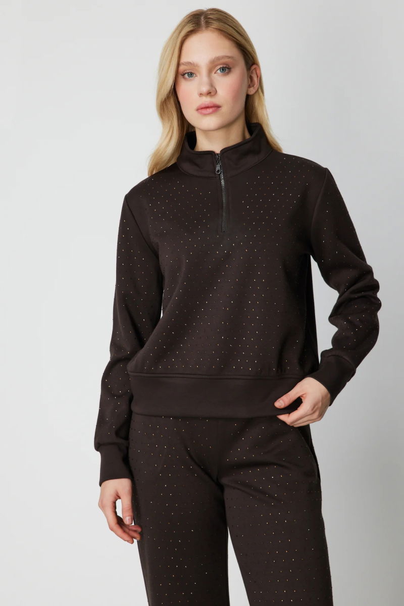 On Kadın Yakası Fermuarlı Taşlı Eşofman Üstü 66364 Kahverengi - On