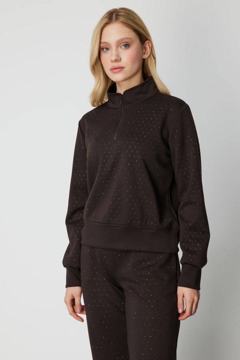 On Kadın Yakası Fermuarlı Taşlı Eşofman Üstü 66364 Kahverengi - 2