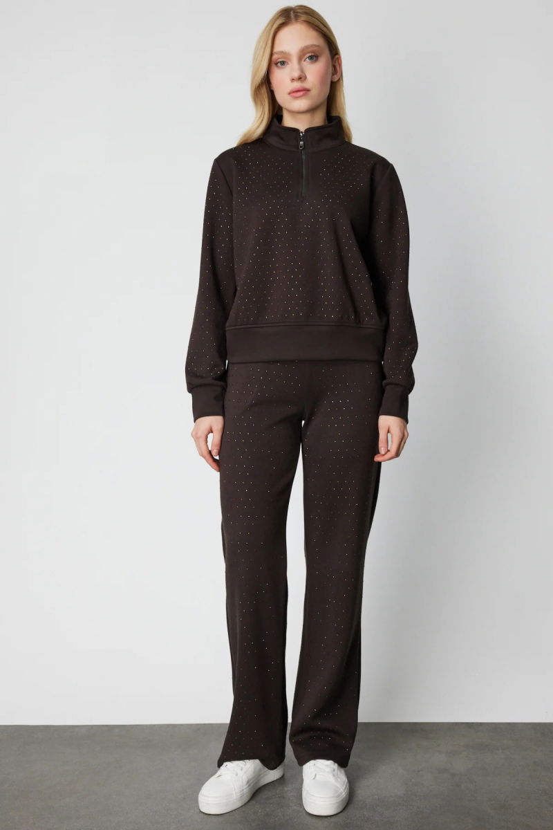 On Kadın Yakası Fermuarlı Taşlı Eşofman Üstü 66364 Kahverengi - 3