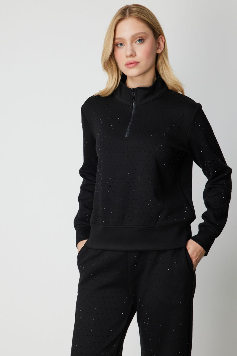 On Kadın Yakası Fermuarlı Taşlı Eşofman Üstü 66364 Siyah - 2