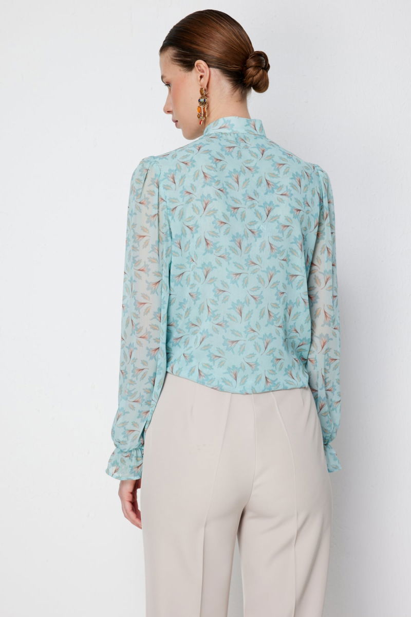 On Kadın Yakası Fularlı Desenli Şifon Bluz 72351 Mint - 4