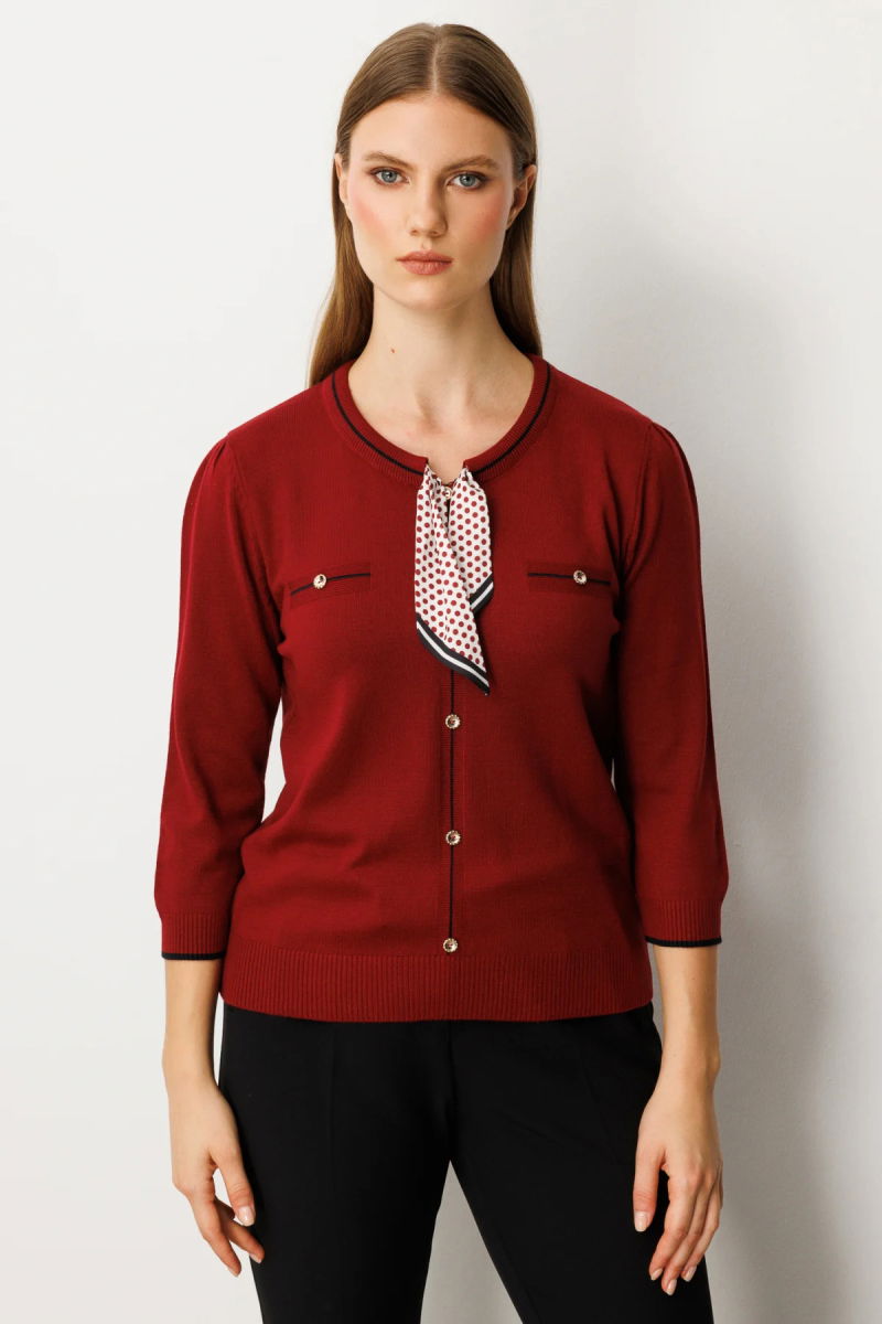 On Kadın Yakası Fularlı Triko Kazak 65352 Bordo - On