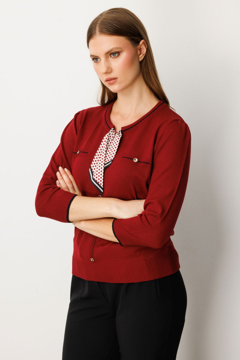 On Kadın Yakası Fularlı Triko Kazak 65352 Bordo - 2